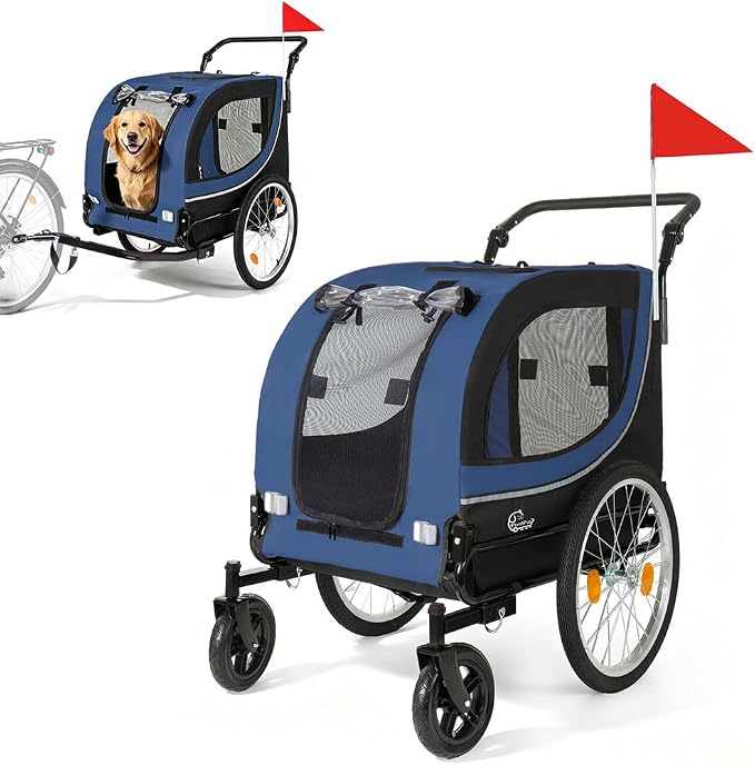 2 in 1 Dog Bike Trailer and Pet Stroller, 100 lbs Capacity Large Dog Bicycle Carrier with Steel Frame and 20" Air Tires & 8" Swivel Front Wheels, Foldable Pet Wagon Cart for Dogs Cats Outdoor Travel