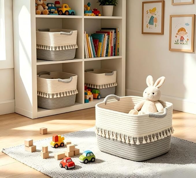 TeoKJ Storage Basket 3 Pack for Organizing, Cotton Rope Baskets for Toy, Clothes, Blankets, Decorative Basket for Living Room, Nursery, Bathroom, White & Gray