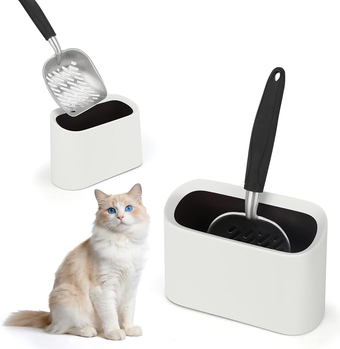 Metal Cat Litter Scoop with Holder, Detachable Caddy Set, White | Aluminum Sifting Shovel, Detachable Caddy with Lid, 12 x 4 x 1.5 in Scoop, 8 x 2.9 x 5.9 in Caddy, Curved Grip, Easy Rinse