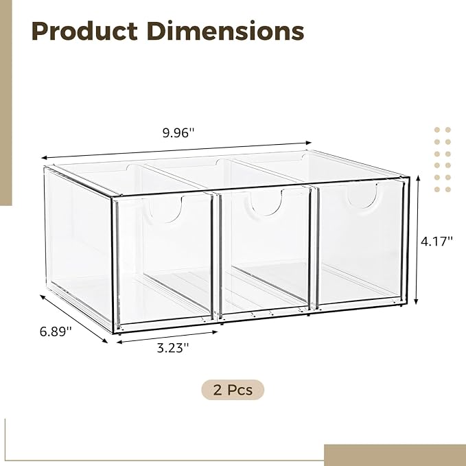 2 Pcs Tea Bag Organizer Drawer, Clear PET Tea Storage Organizer for Drawer Cabinet, Stackable Three Drawer Design, Easy View Tea Holder, Space Saving for Kitchen and Office