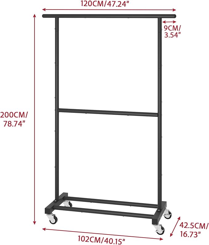 Sywhitta Double Rod Metal Clothing Garment Rack on Wheels, Black | Rolling Clothes Organizer, for Hanging Clothes,Coats,Easy to Assemble,Space-Saving,Mobile Organizer for Closet