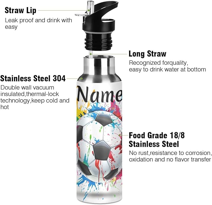 Custom Name Soccer Ball Colorful Water Bottle with Straw Lid Kids Insulated Stainless Steel Water Flask Sports, 20 Oz Hot Cold