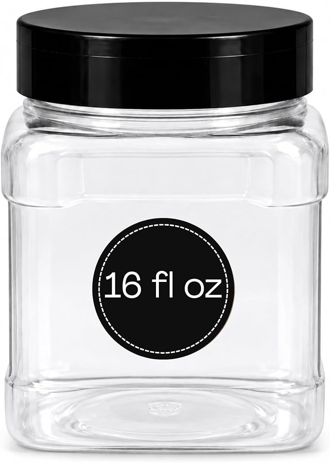 Pride of India 16 Fl Oz Clear Storage Jar with Dual Opening Lid | Food Grade PET Plastic Square Grip Jar | Reusable Organizer for Kitchen, Pantry, Coffee, Spices, Snacks, Crafts | 1-2 Cup Capacity