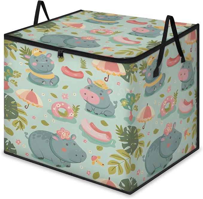 Hippopotamus Large Storage Bags, Fabric Bed Storage Containers, Foldable Closet Organizers for Blanket, Clothing, Comforter, Bedding, Tropical Theme