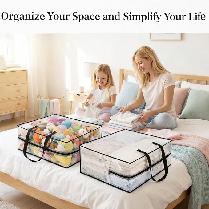 95L Underbed Storage Bag, Clear Foldable Bedding Organizer for Blankets, Comforters, Clothes, Pillows and Seasonal Items, Soft Under Bed Storage Container with Handles, 1 Pack