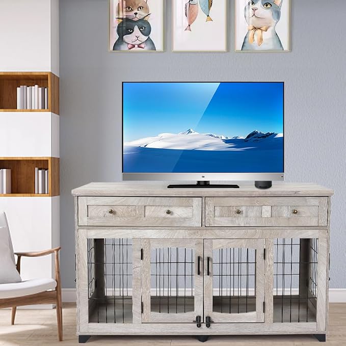 GarveeHome Large Dog Crate Furniture with 2 Drawers and Removable Divider | Two storage drawers, removable center divider, indoor housing for two medium large dogs