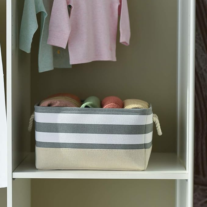 Storage Basket Fabric Basket with Handles Dog Toy Basket Cloth Storage Bin Shelf Basket Decorative Storage Basket Shoe Basket Gift Basket(Grey&White Stripes-1 Pack,15.7L×11.8W×8.3H)