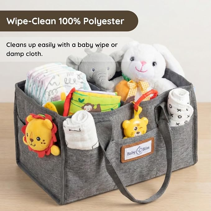 BabyBliss Polyester Diaper Caddy Organizer - Portable Wipe-Clean Nursery Storage Basket with Pockets and Dividers for Diapers, Wipes and Baby Essentials - For Nursery, Living Room and Car