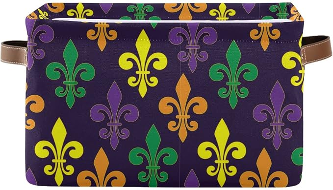 Mardi Gras Fleur de Lis Purple Storage Basket Fabric Laundry Baskets Mask Beads Confetti Feather Accessories Storage Boxes Organizer Bag for Cloth Toy Book Storage Cubes Shelf Closet Bins 16×12×8