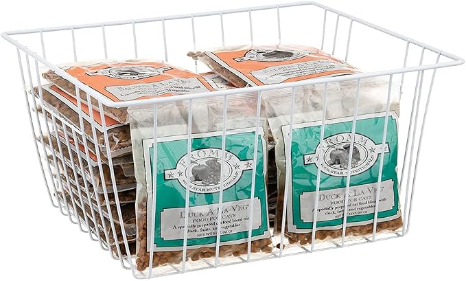 Freezer Organizer Bin, Kitchen Metal Wire Storage Basket, Pantry Cupboard Household Container Divider with Handles, Rustproof - White