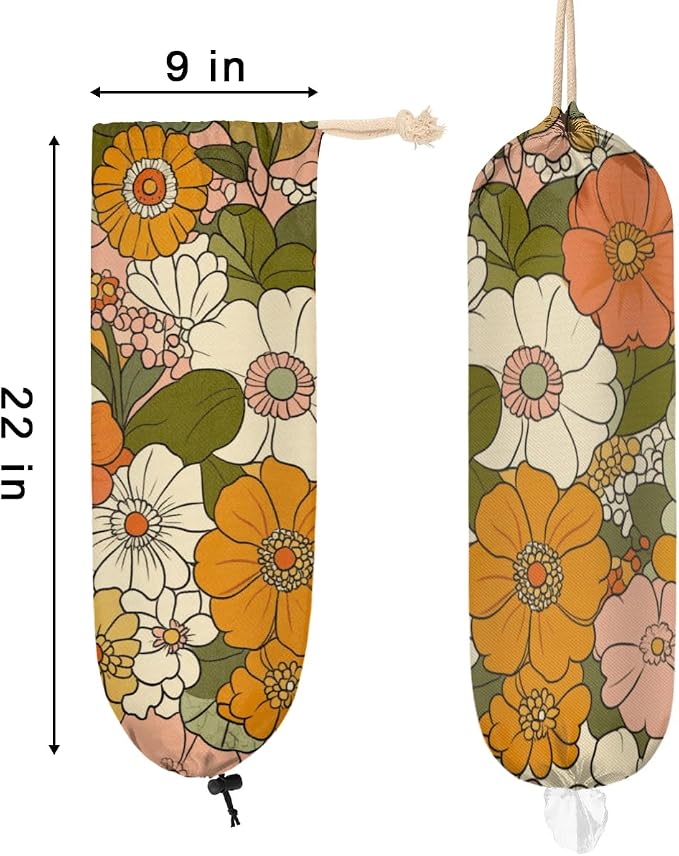 Colorful Sunflower Plastic Bag Holder Daisy Roses Floral Grocery Bag Storage Dispenser Washable Hanging Shopping Bags Carrier Reusable Wall Mount Trash Bag Organizer for Kitchen Pantry