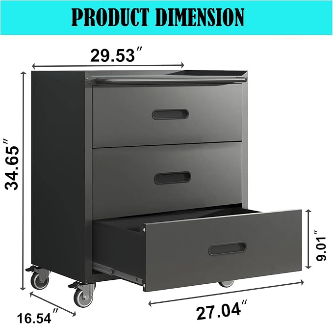Mobile Garage Tool Storage Cabinet with 3 Drawers,Black Rolling Cabinet | Heavy Duty Metal Storage Cabinets for Garage Basement Workshop,Assembly Required