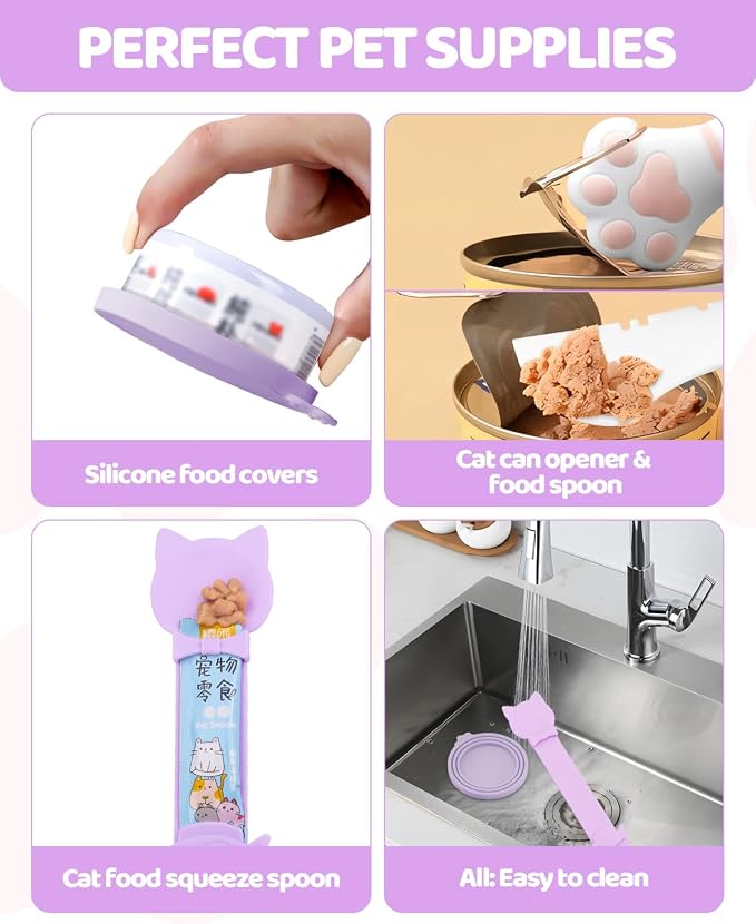 5 PCS Cat Food Can Covers Lids Set, Silicone Pet Food Can Lids with Multi-Function Cat Food Spoon and Opener, Cat Bar Squeezer, Stainless Steel Wet Food Spoon for Cats and Dogs (Purple)
