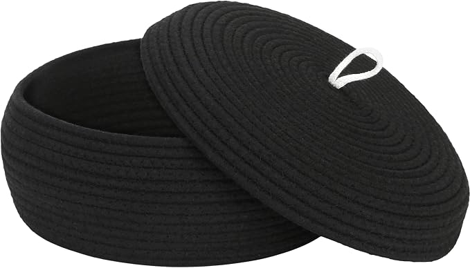Sea Team Round Woven Cotton Rope Storage Basket with Lid, Black | Lidded Knitted Decorative Storage Bin, Pot, Caddy, Organizer, Container for Snacks, Towels, Plants, 13 x 5.5 Inches