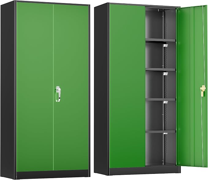 Greenvelly Metal Storage Cabinet with Doors and Shelves, 72" Inch Locking Metal Cabinet,Garage Storage Cabinet for Garage Office School Warehouse (Black Green)