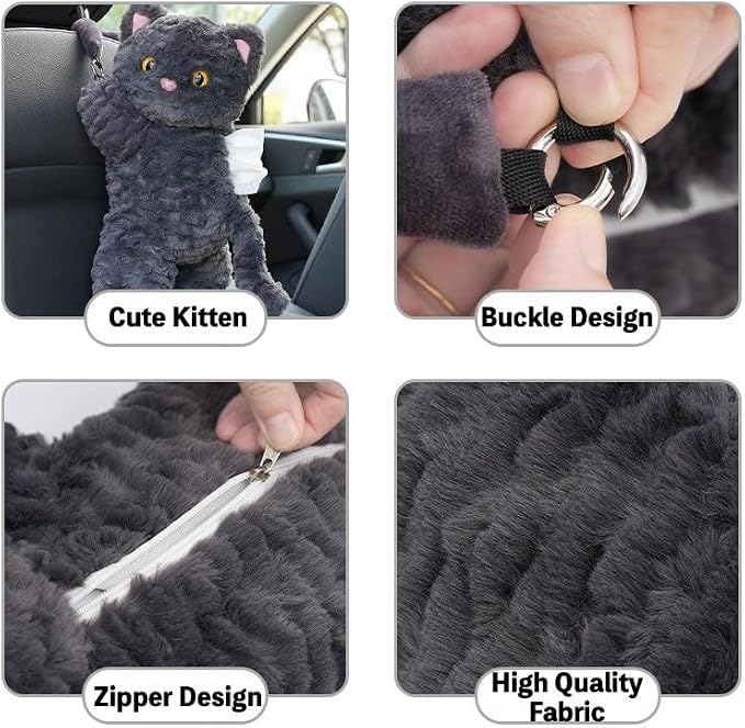 Cute Cat Car Tissue Holder Plush Kitten Paper Box for Backseat Adorable Hanging Organizer & Decor for Women Pet Lovers & Gifts (Black)