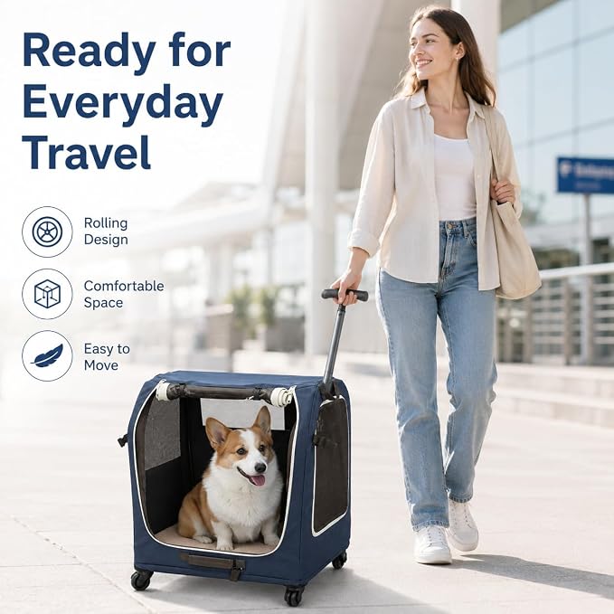Foldable Rolling Pet Carrier Crate with Telescoping Handle | Soft-Sided Mesh Vents, 4 Smooth Wheels, Removable Inner Mat, Compact Flat Storage, Small to Medium Pets