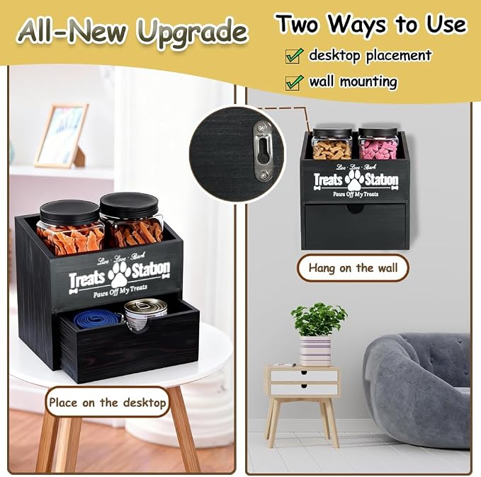 Pet Food Storage Container with Drawer, Wooden Dog Treat Container | Black Pet Food Storage with 2 Plastic Dog Treat Jars for Dog and Cat,Wood Cat Treat Container, Dual Desk & Wall Mount Design