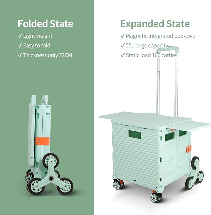 Foldable Utility Cart Collapsible Portable Crate Rolling Carts with Stair Climbing Wheels Tote Basket with Magnetic Lid Telescopic Cover Wear-Resistant 360°Rotate Wheel Noiseless for Shopping Office