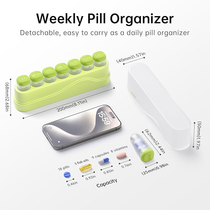 KOVIUU Weekly Pill Organizer 1 Time a Day, Detachable Pill Box 7 Day, Green | Travel Pill Case | Once Daily Medication Dispenser | Week Pill Holder Container for Vitamin, Medicine, Supplement | BPA-Free