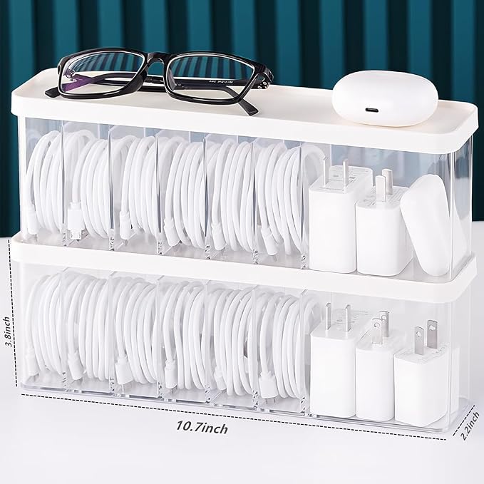 Charger Cable Cord Storage Organizer Box - Easy Storage Without Cable Ties | Stackable,with Lid,Dust-Proof,Space Saving,6 Standard Space and 1 Larger Space,for Home Office Desk Accessories Supplies