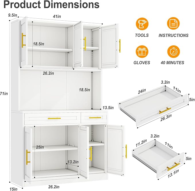 71 Sideboard Buffet Cabinet, Metal Kitchen Coffee Bar Cabinet White | Pantry Sideboard Storage, Coffee Bar Table Console with Cable Hole, Drawers, Adjustable Shelves for Kitchen, Living Room