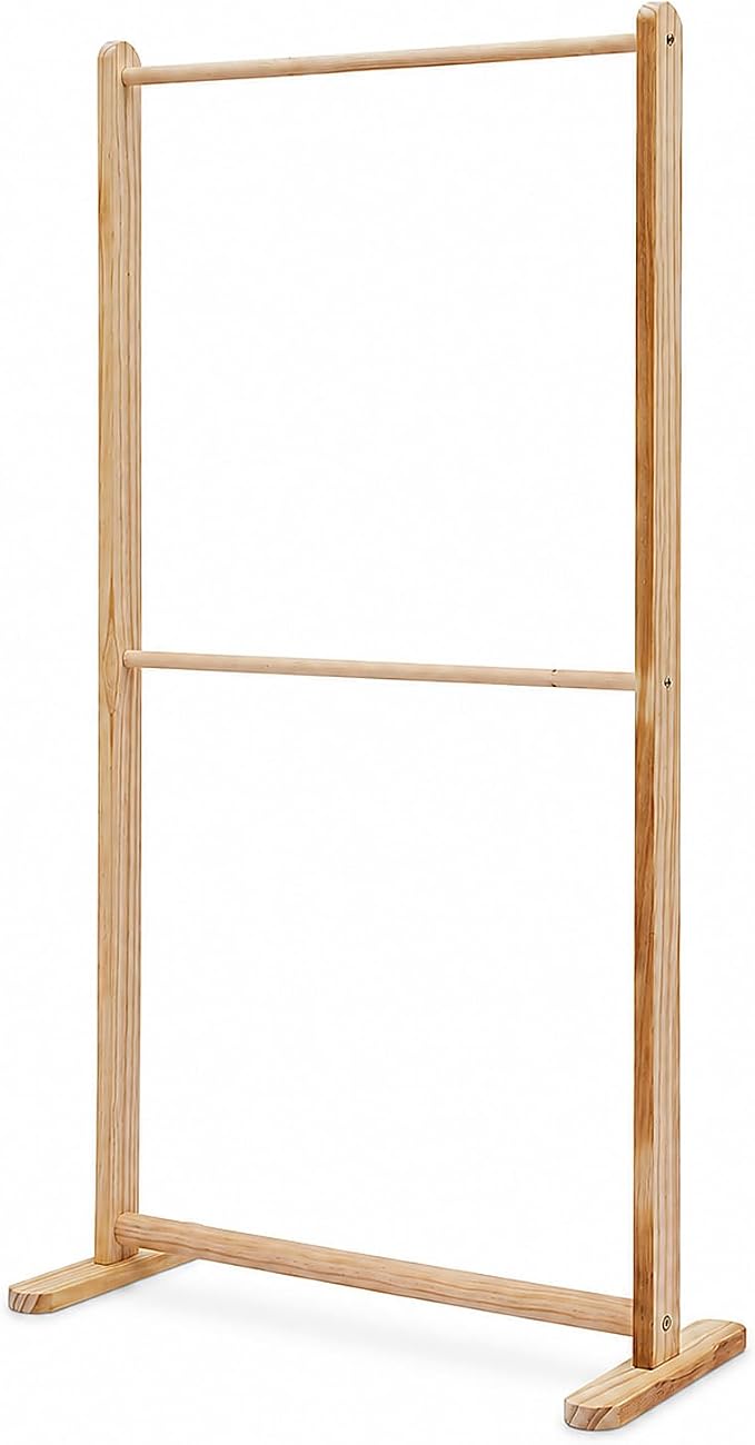 LOYALHEARTDY Wooden Pet Clothes Rack, 2-Tier Garment Display Stand | Three Hanging Rods, Lift-Out Middle Bar, T-Shaped Feet