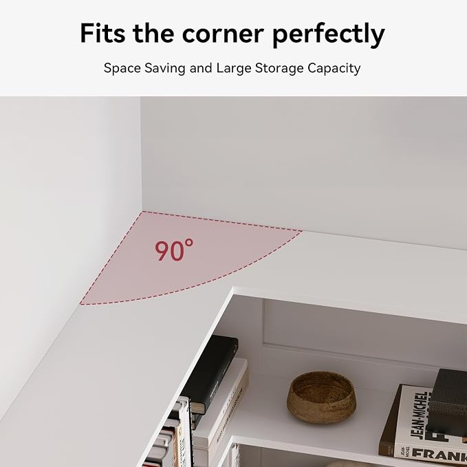 Corner Bookshelf, Freestanding L Shaped Display Shelf, 6 Tiers Bookcase with Baffles, Wooden Bookcase with Storage Organizer for Home Office, Living Room, Bedroom (23.6")