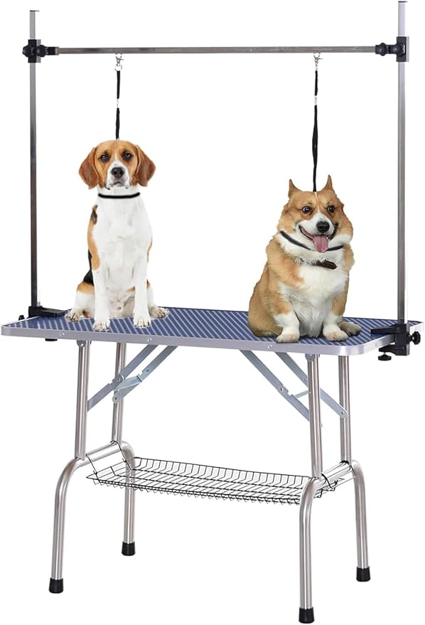 46" Pet Dog Grooming Table, Foldable Stainless Steel Frame Pet Drying Grooming Table Up to 330lbs, Professional Bathing Desk for Dogs at Home with Adjustable Overhead Arms, Noose, Mesh Tray, Blue