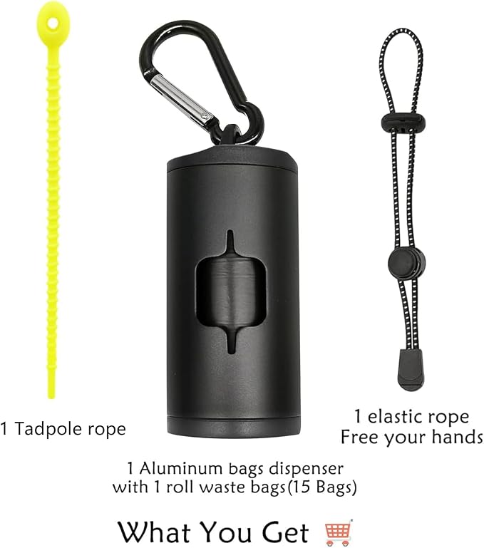 YUCHIYA Aluminum Dog Poop Bags Holder with Carabiner Metal Pet Waste Bags Dispenser with Hook and Loop Fastener and Elastic Cord to Carry Used Bags (Black, 1 Holder 15 Bags)