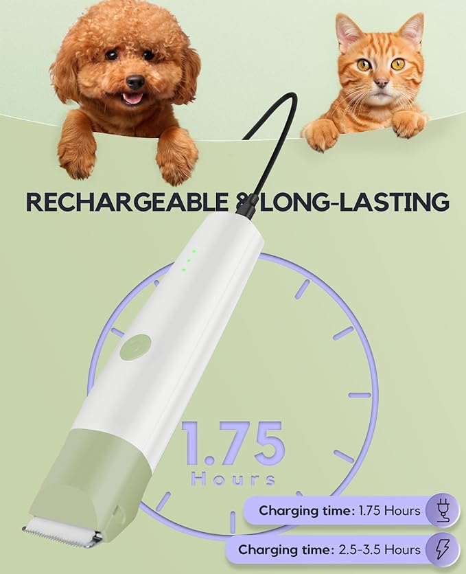 Dog Clippers Grooming Kit, 4 in 1 Quiet Cordless Dog Paw Trimmer & Nail Grinder, Small Cat Clippers Electric Rechargeable Low Noise Pet Shaver for Trimming Hair on Paw Eye Ear Face Rump, Green
