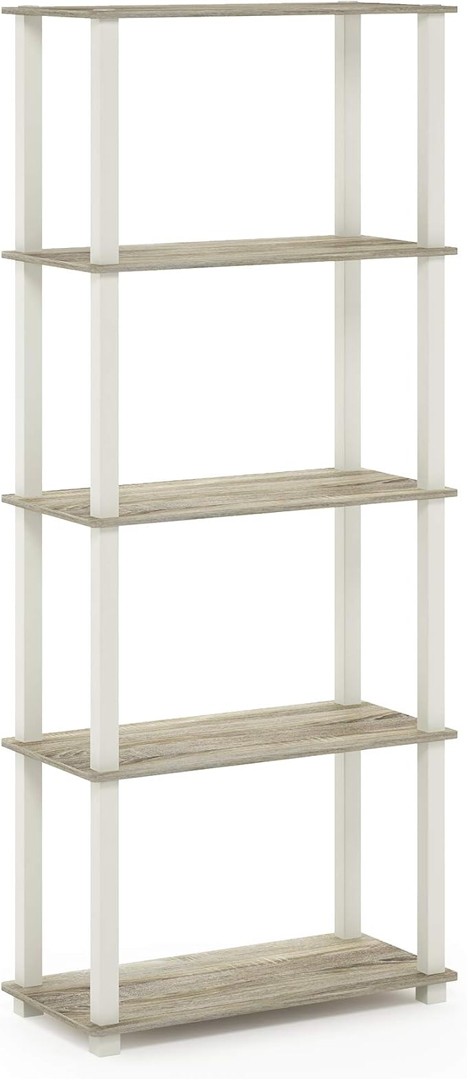 Furinno Turn-N-Tube 5-Tier Multipurpose Shelf / Display Rack / Storage Shelf / Bookshelf, Square Tubes, Sonoma Oak/White | Tool-Free Storage Shelves with Square Tubes, Shelving Unit, for Organization and Storage, for Living Room, Home Office