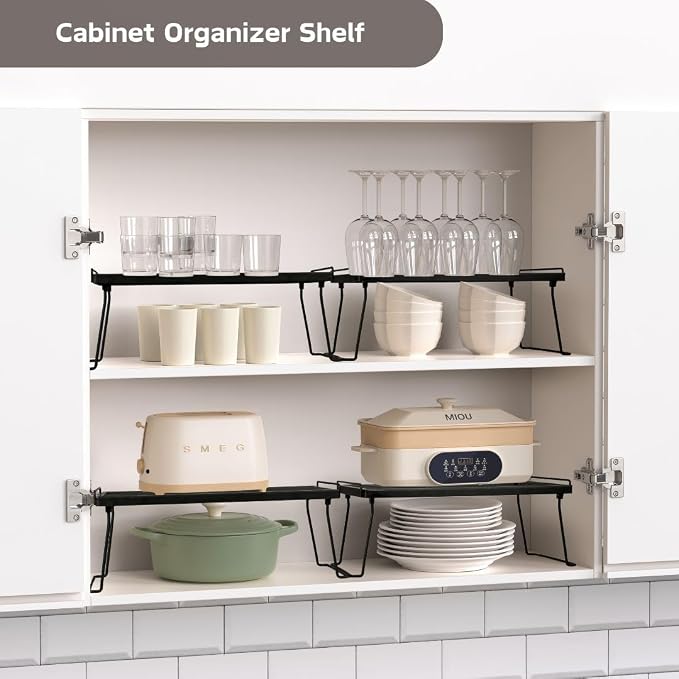 IBERG Stackable Cabinet Shelf Organizer, Set of 2 Metal Shelves (Black)