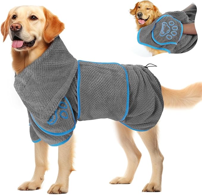 SlowTon Dog Bathrobe Drying Coat – Super Absorbent Microfiber Towel Wrap with Adjustable Collar & Belly Strap, Fast Drying Bath Robe for After Bath Swim, for Large, Medium, Small Dogs (Grey 3XL)