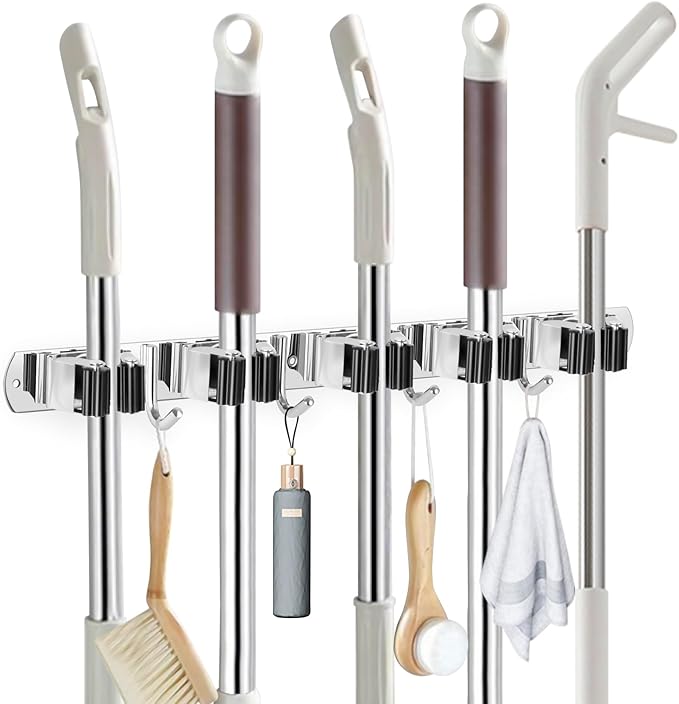 IMILLET Broom Holder Wall Mount Stainless Steel Mop Organizer | 5 Racks 4 Hooks Heavy Duty Garage Organization Storage,Broom and Mop Organizer Wall Hanging Self Adhesive for Laundry Room