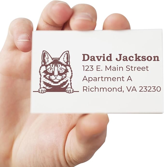 Peeking Kurilian Bobtail Cat Wood Handle Return Address Stamp - Mail Stamp | Return Address Stamp for Housewarming Gifts. Kurilian Bobtail Cat Rectangular Address Stamp Customized. Laser-cut.