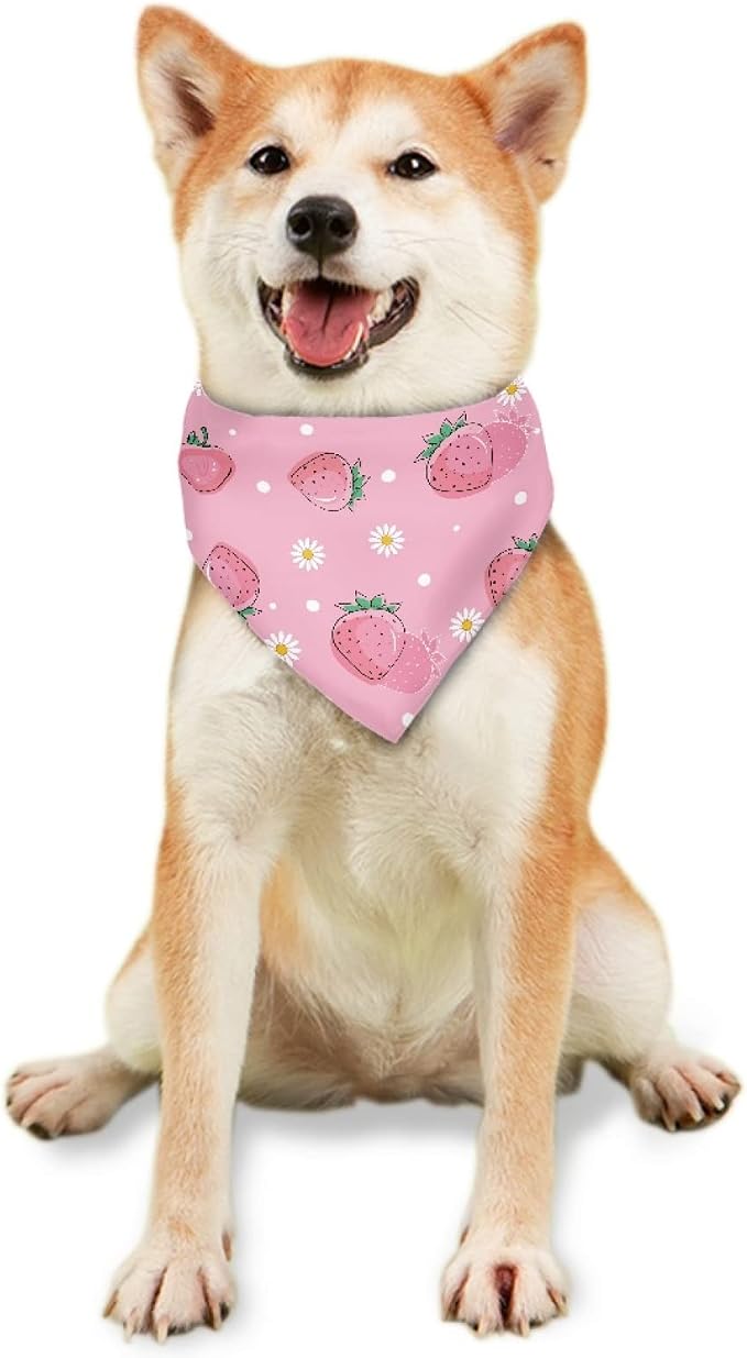 Howilath Pink Strawberry Flowers Dog Bandana, Washable Kerchief for Small to Large Dogs & Puppies, Cat-Friendly
