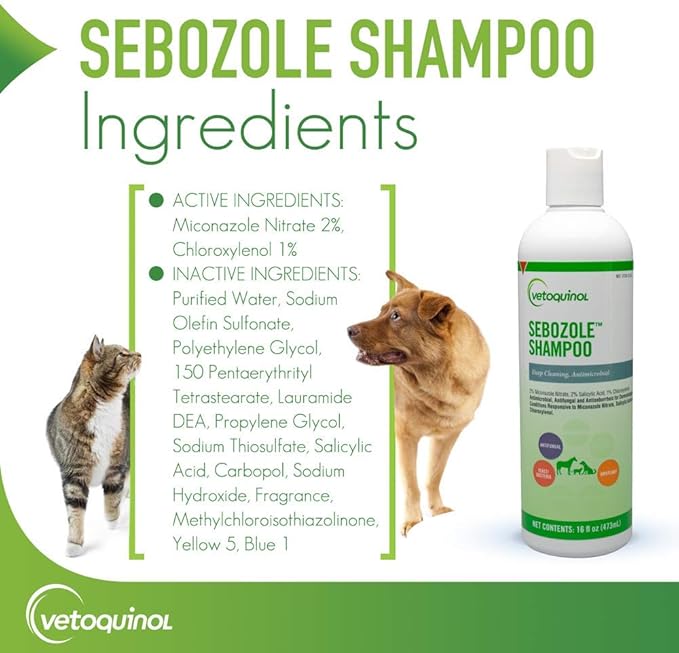 Vetoquinol Sebozole Shampoo - Deep Cleansing Shampoo for Dogs, Cats & Horses - Gentle Formula with Effective Ingredients for Routine Use - Sulfate-Free & Liquid Form - 16oz