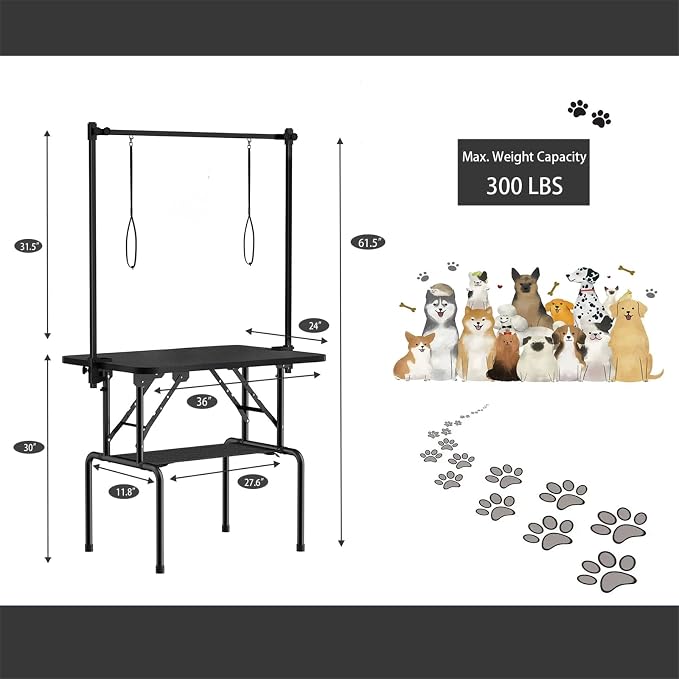 36 Inch Foldable Dog Grooming Table with Adjustable Arm, Nooses & Storage Basket - Non-Slip Pet Grooming Station for Dogs & Cats - Supports Up to 300 lbs (36 inches)