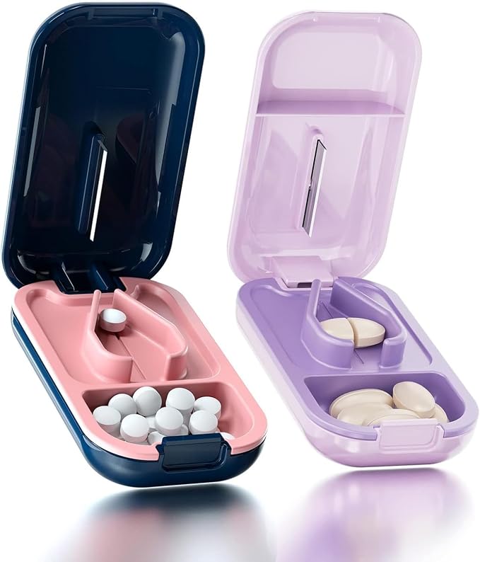 DUBSTAR Pill Cutter Splitter for Small and Tiny Large Pills Blue ＆ Purple | Pill Cutters with Removable Silicone Pad, Tablet Splitters Cuts Vitamins Tablets for Purse Pocket