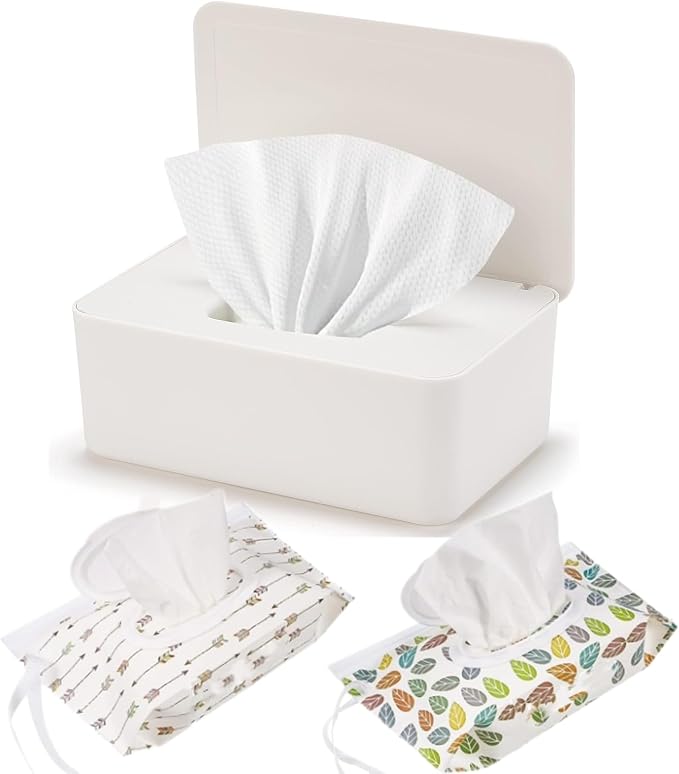 Wipes Dispenser Set,1 Wipe Box & 2 Portable Pouches,White | Refillable Reusable Large Wet Wipe Holder, Flushable Wipes Case Bathroom Wipes Container for Pet Nursery Kitchen Office