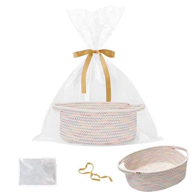 Small Woven Rope Basket,Baby Gift Basket with Bag & Ribbon | Cotton rope with handle, 12x8x5 in, gift bag and ribbon, for baby shower, birthday, toy storage, nursery, shelf decor
