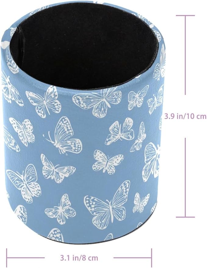 Faux Leather Pen Holder for Desk, Pencil Organizer White Butterfly Pen Cup Desk Decor Makeup Brush Holder Storage for Office Home
