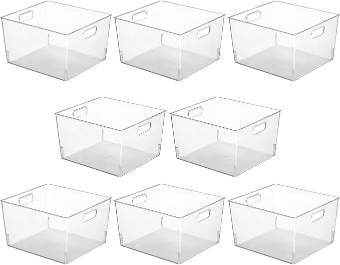 mDesign Large Modern Stackable Plastic Storage Organizer Bin Basket with Handles for Bathroom Vanity Organization - Shelf, Cubby, Cabinet, or Closet Organizing Decor - Ligne Collection, 8 Pack - Clear