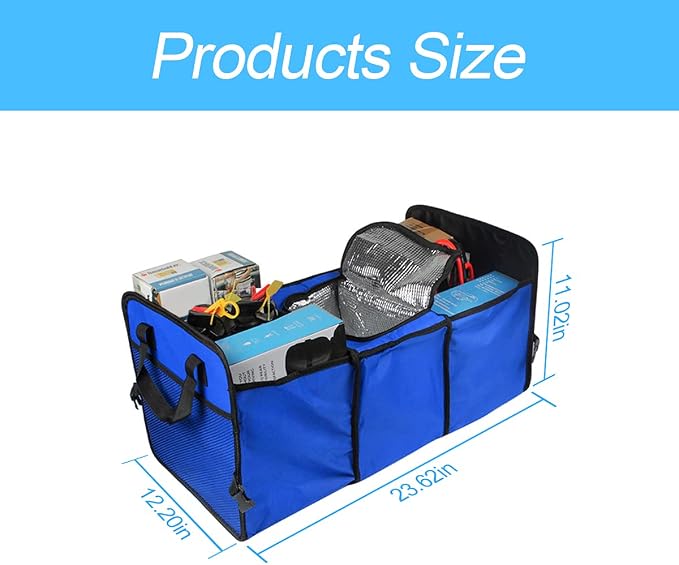 8sanlione Car Trunk Organizer, 3 Compartments, Insulated Section, Blue | For sedans, SUVs, vans, woven fabric shell, side grips, light-item sorting, wipe-clean care, automotive interior accessories