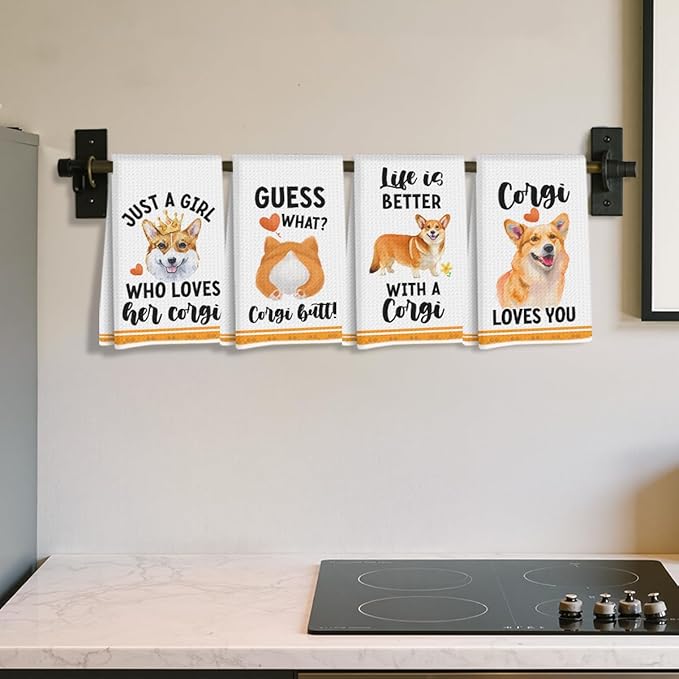 4 Pcs Funny Corgi Kitchen Towels 24x14 Inch, Corgis Decorative Waffle Weave Dish Towels, Dog Hand Tea Towels for kitchen Home Farmhouse Bathroom Decor, Corgi Gifts for Women Mom Friend Grandma