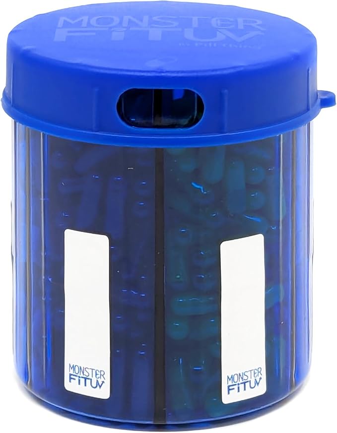 Supplement Pill Dispenser Bottle, 6 Compartment, Labels, Easy Open, Anti-Mixing, UV Protected, Monthly Vitamin, Monster Fit Jr Medication Holder (Cobalt Blue, Small)