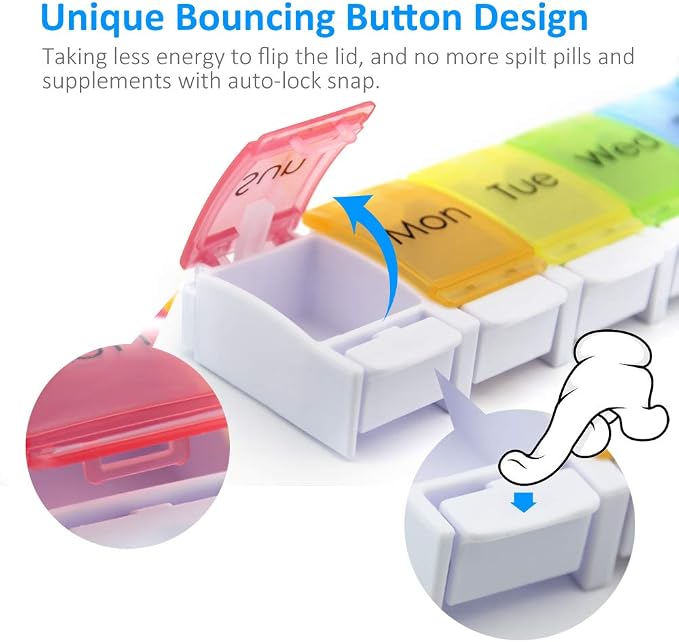 GOGOODA 2 Pack Weekly Pill Organizer Arthritis Friendly 7 Day Pill Holder | Travel Vitamin Container Organizer with Popup Open Design and Ample Space to Hold Vitamins, Fish Oil and Medication