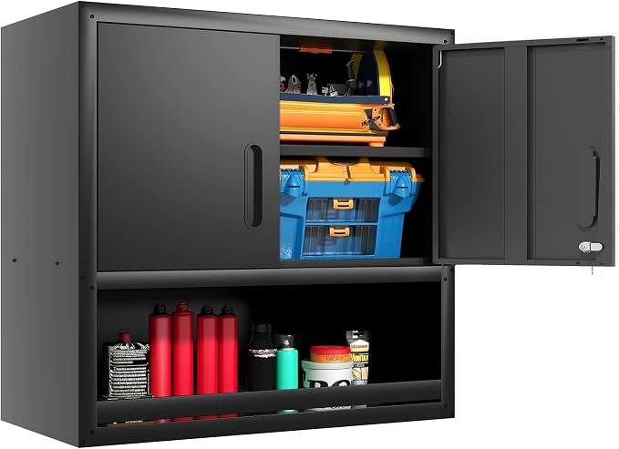 Metal Storage Cabinet for Garage, Tool Cabinet, Utility Cabinet | Wall Mounted, Hanging Tool Cabinet, Lockable, 2 Doors, Open Storage Compartment, Assembly Required, Black