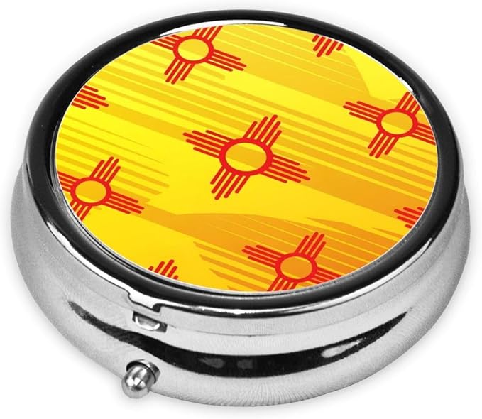 Round Pill Case, Shiny Grunge Flag New Mexico Portable Mini Holder, Travel Organizer with Mirror, Pocket Purse Box for Daily Meds
